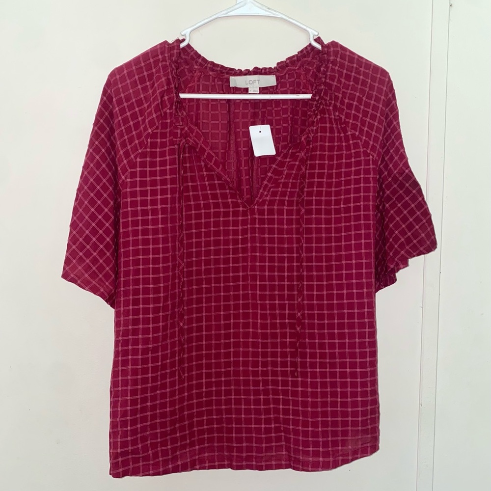 LOFT Burgundy Checkered Blouse